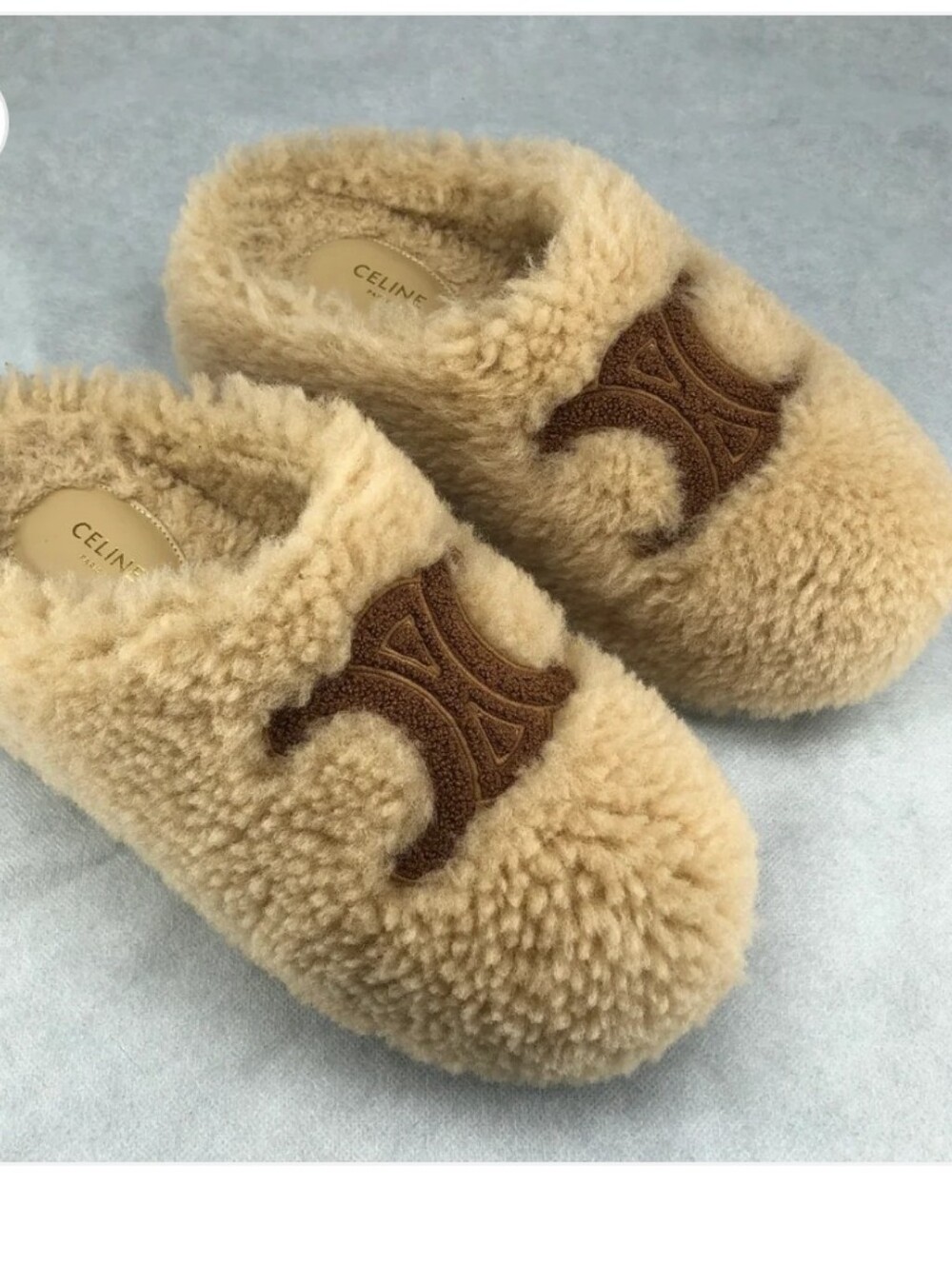 Celine Women's Triomphe Shearling Slide Mules Size 37 Beige